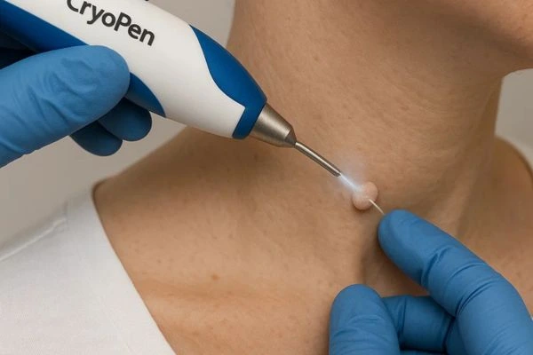 Person receiving cryotherapy Cheadle for skin tag removal