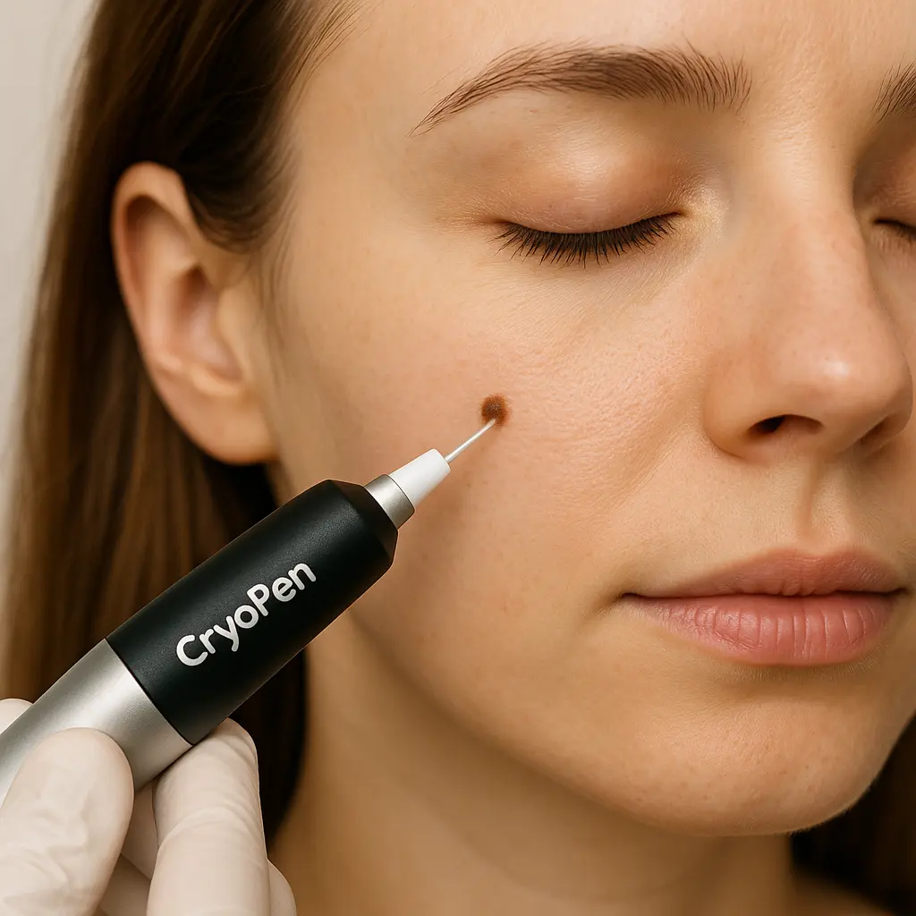 woman receiving facial mole removal Cheadle using cryopen 