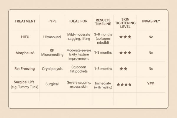 Table showing the comparisons of Skin tightening Cheadle treatment options. 